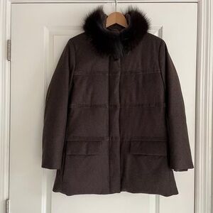 Loro Piana Dark Brown Pea Coat with Plush Fur Collar